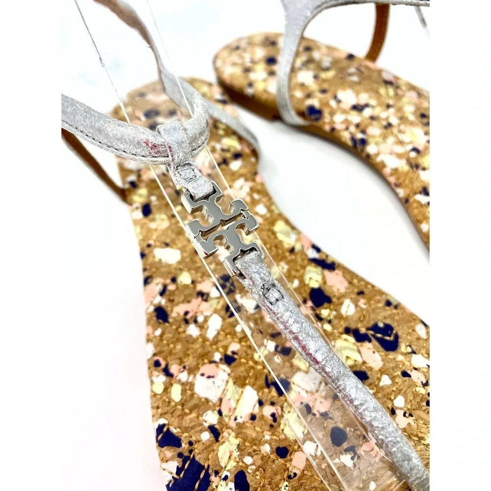 Tory Burch Silver Metallic Leather Cork Splatter Logo Thong Sandals Womens 7.5